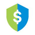 Ícono de un escudo con el lado izquierdo de color verde, el lado derecho de color azul y al centro un signo pesos blanco