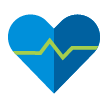 Ícono de un corazón azul claro y oscuro, con líneas verdes al centro representando los signos vitales