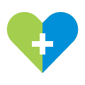 Ícono de un corazón azul claro y oscuro, con líneas verdes al centro representando los signos vitales