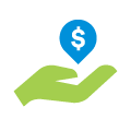 Ícono de una mano verde sosteniendo el signo pesos