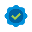 Ícono de una medalla de color azul y celeste con un check verde al centro