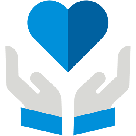 Ícono de un corazón de color azul que es cuidado por unas manos de color gris